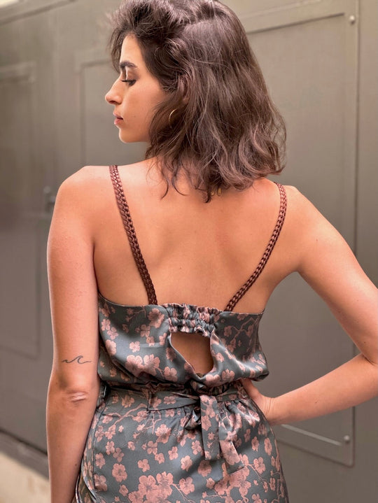 גופיית אתנה - ירוק פרחים חומים