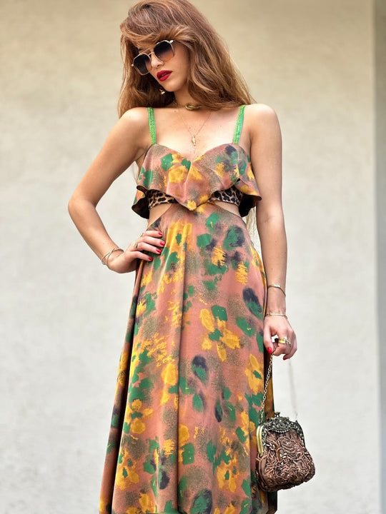 שמלת כרמן - מוקה ירוק שילוב מנומר