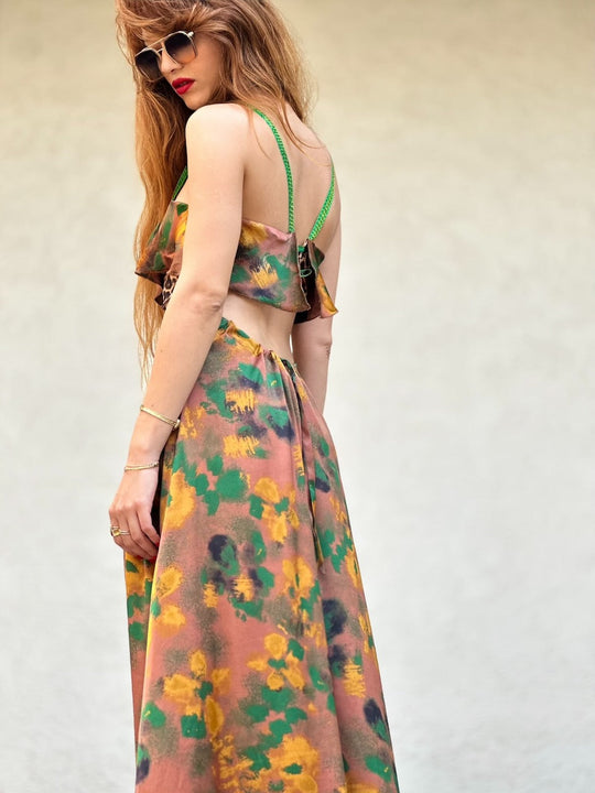 שמלת כרמן - מוקה ירוק שילוב מנומר