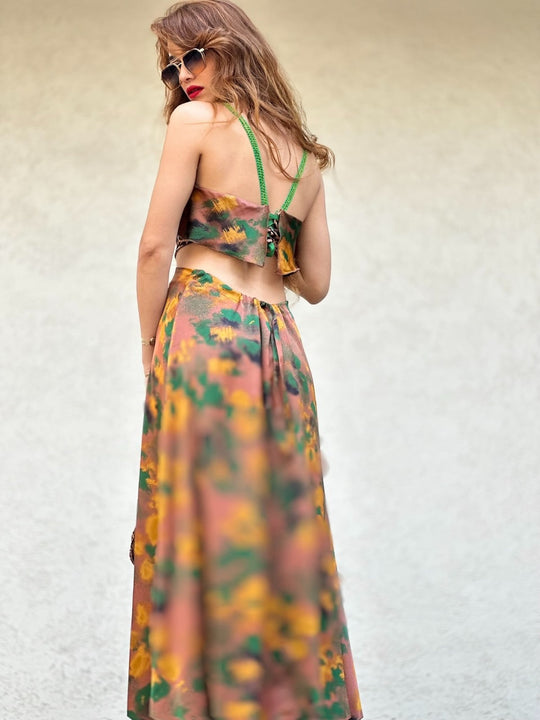 שמלת כרמן - מוקה ירוק שילוב מנומר