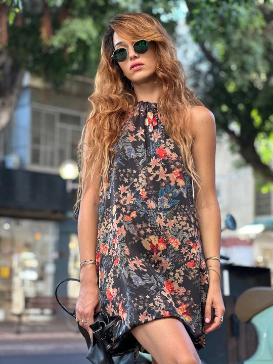 שמלת אליס - שחור פרינט ענפים (צד שני שחור פרחוני)