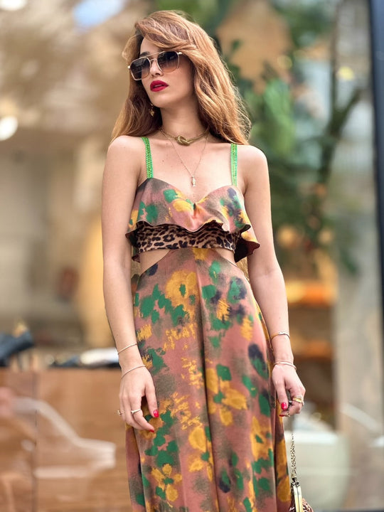 שמלת כרמן - מוקה ירוק שילוב מנומר