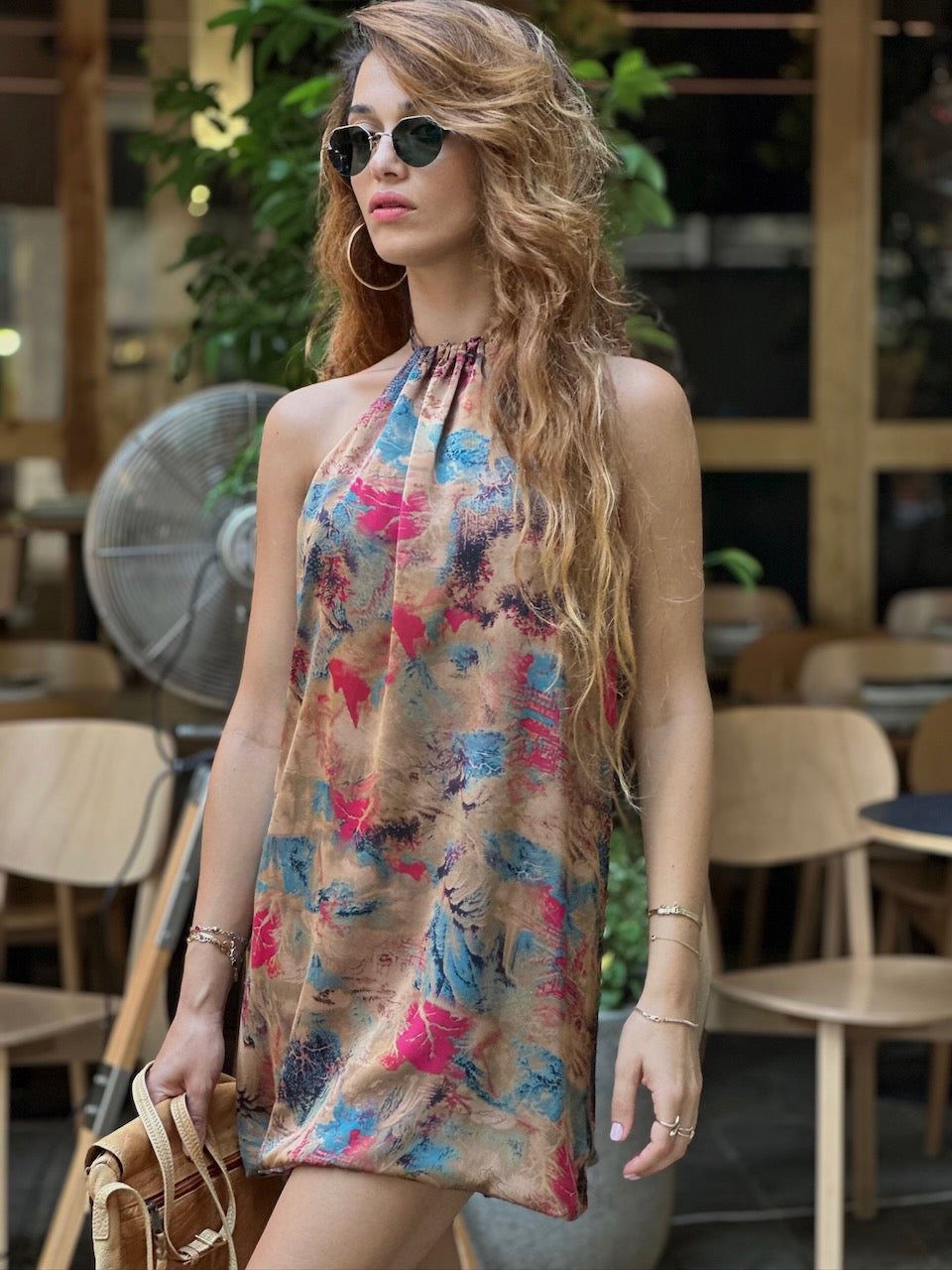 שמלת אליס -ירוק ורוד 70s (מוקה ורוד)