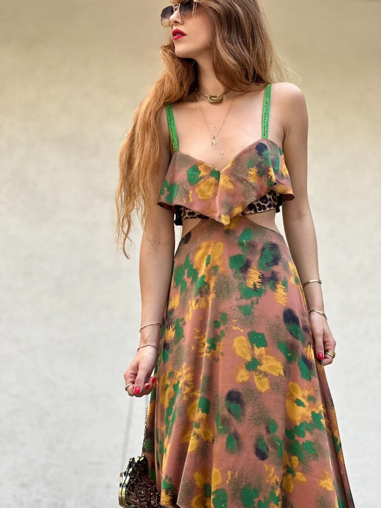 שמלת כרמן - מוקה ירוק שילוב מנומר