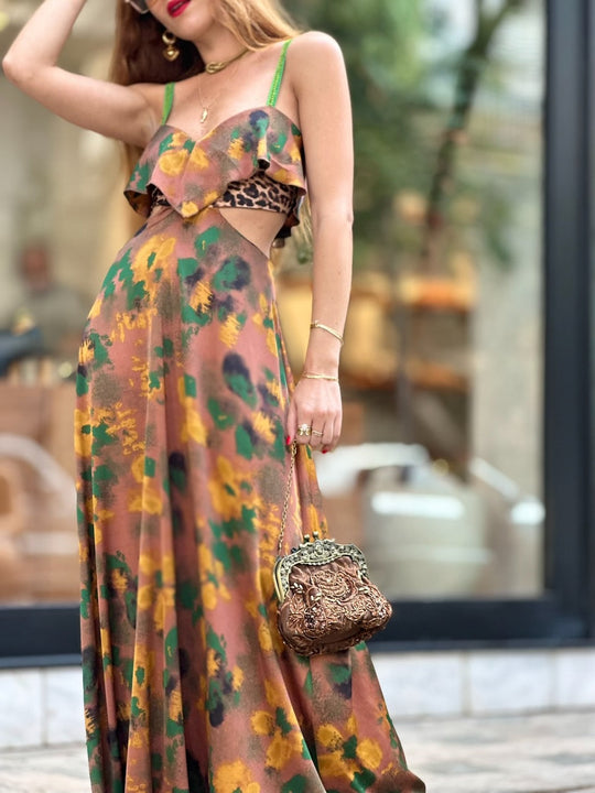 שמלת כרמן - מוקה ירוק שילוב מנומר