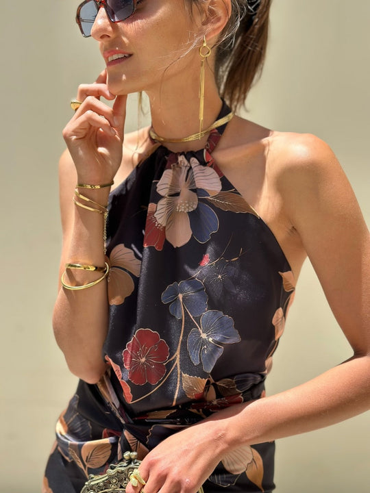 טופ קירה - שחור פרחים ניוד בורדו