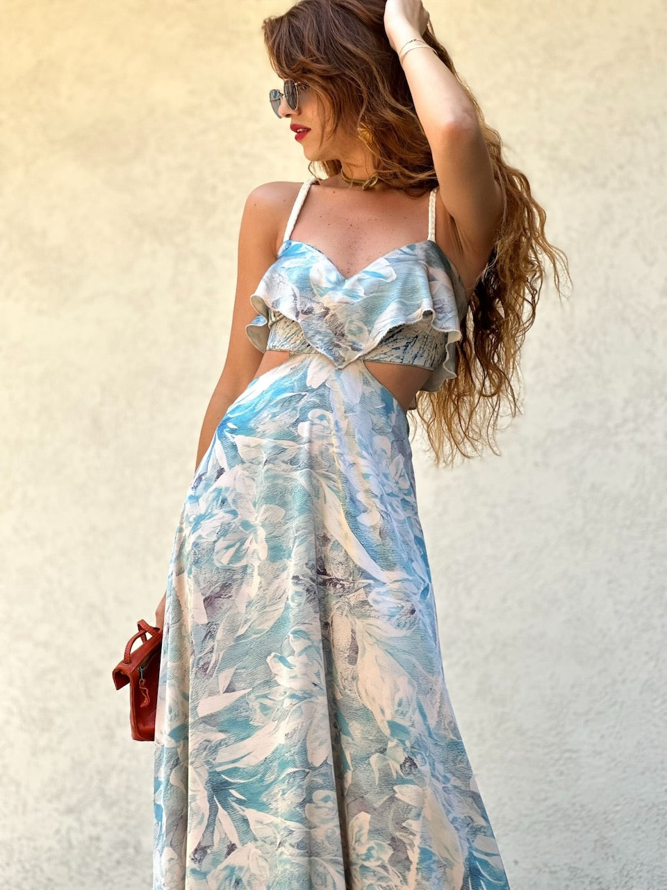 שמלת כרמן - שמנת תכלת