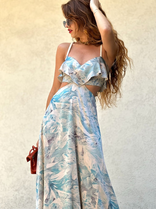 שמלת כרמן - שמנת תכלת