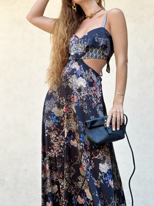 שמלת כרמן - שחור פרחים צבעוניים