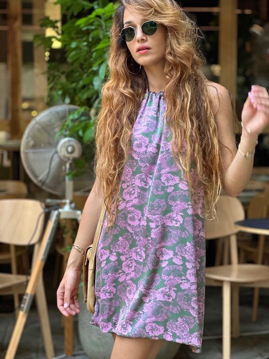 שמלת אליס -ירוק ורוד 70s (מוקה ורוד)