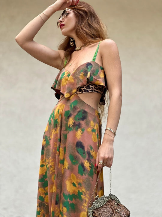 שמלת כרמן - מוקה ירוק שילוב מנומר