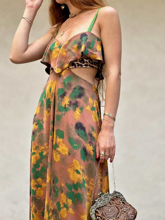 שמלת כרמן - מוקה ירוק שילוב מנומר